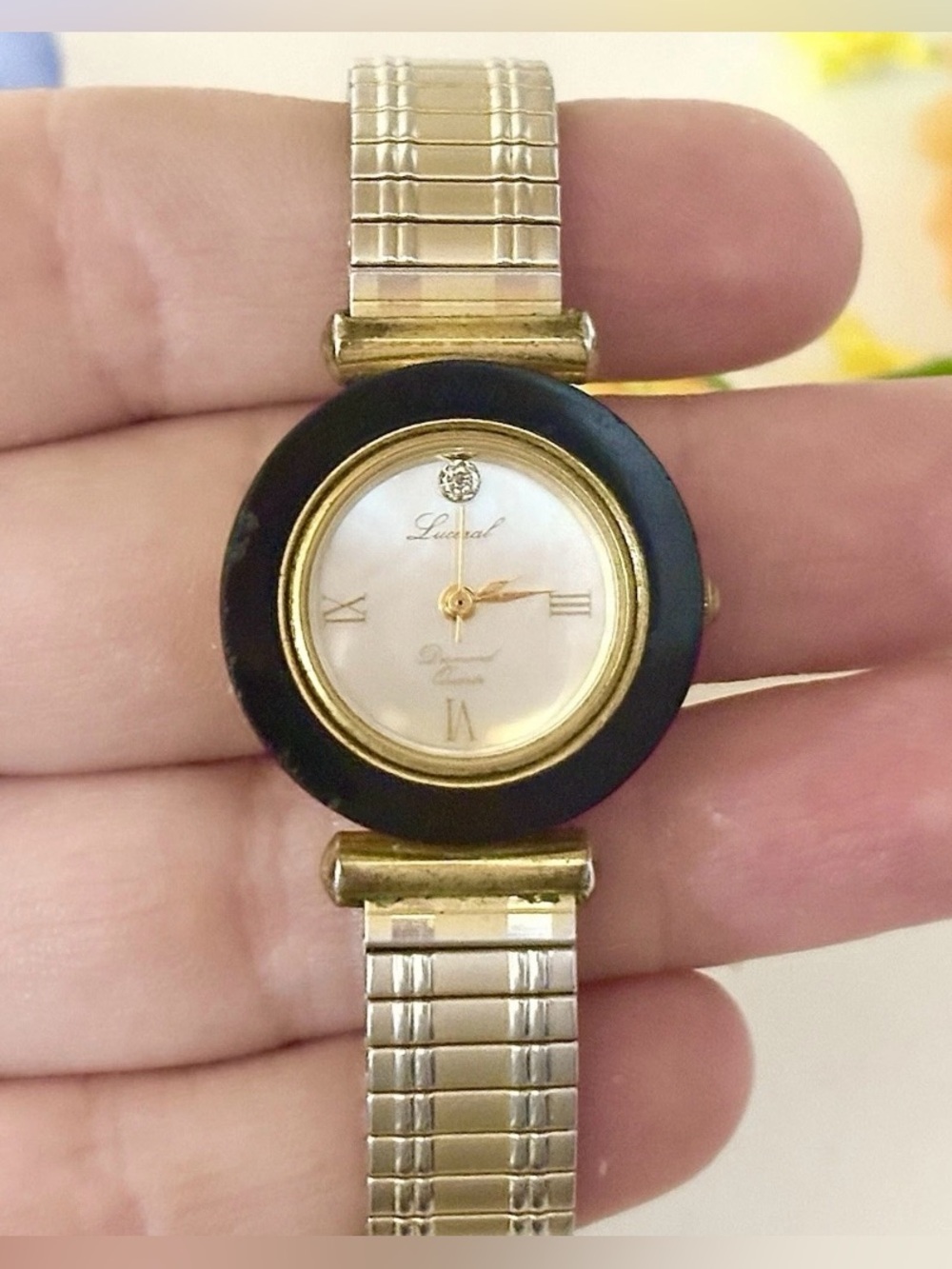 Vintage Ladies Lucoral Mother of Pearl Two-Tone Gold/Silver Diamond Watch WORKS!
